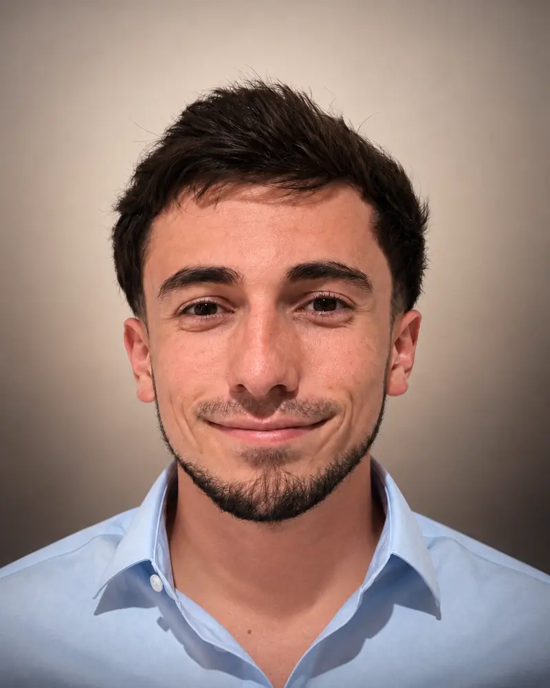 Portrait de Thomas, souriant, en chemise bleu clair.